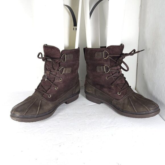 UGG Women's Azaria US8? Brown Suede Waterproof Sheepskin Lined Duck Boots - Picture 6 of 13